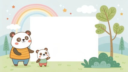 Naklejka premium two pandas stand side by side, framed by a blank space, adorned with a rainbow and cartoon trees