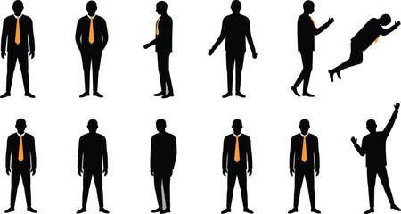 Silhouettes of a business man in various poses and actions demonstrating dynamic movement