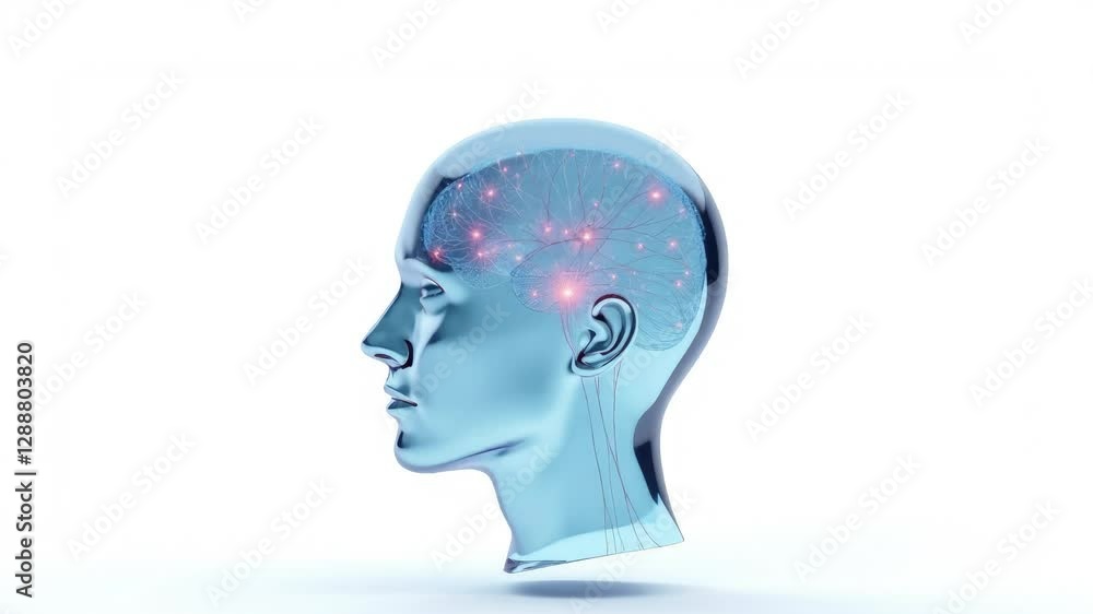 Poster blue 3d glass figure of human head in profile filled with flashing glowing neural networks, biochemi