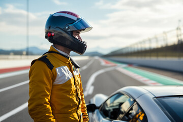 Racing driver stands in yellow suit, focused on the track ahead at a motorsport circuit. The setting features a clear sky and an empty racing track, ideal for automotive promotions