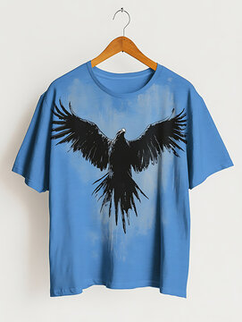 Black eagle spreading wings printed on blue cotton t-shirt