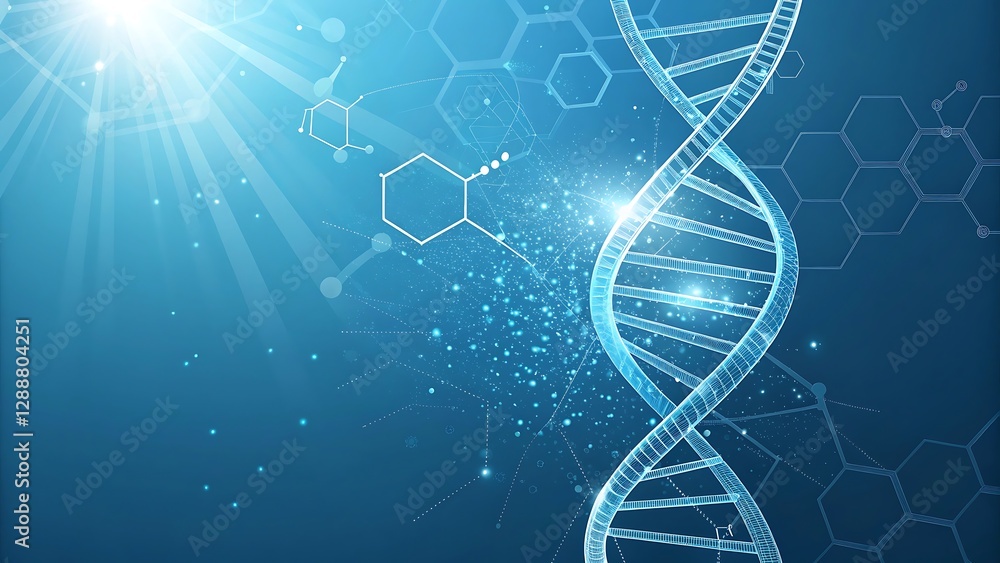 Poster abstract dna helix blue science background with glowing rays and hexagons