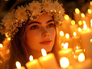 Serene Holiday Portrait with Glowing Candle Crown for Saint Lucia Day