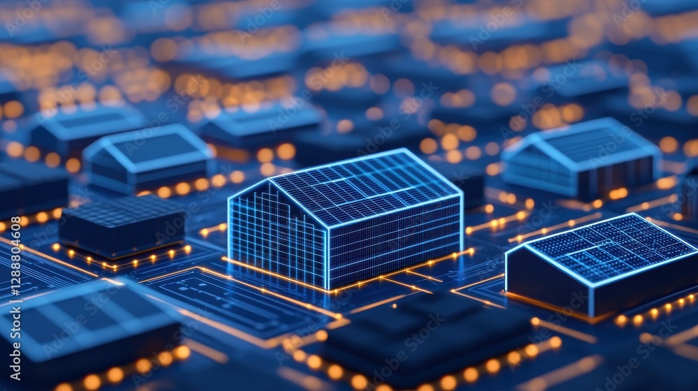 Poster a digital representation of houses connected to a circuit board, showcasing the fusion of technology