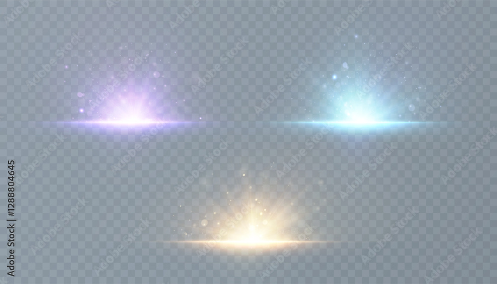 Poster Bright golden sun light effect in horizontal projection with rays and many small particles for vector illustration.