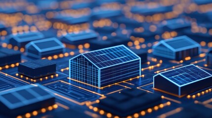 A digital representation of houses connected to a circuit board, showcasing the fusion of technology and smart home concepts.
