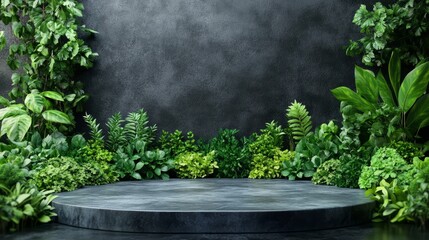 Modern podium with lush green herbs like parsley, basil, and cilantro framing the base, minimal design