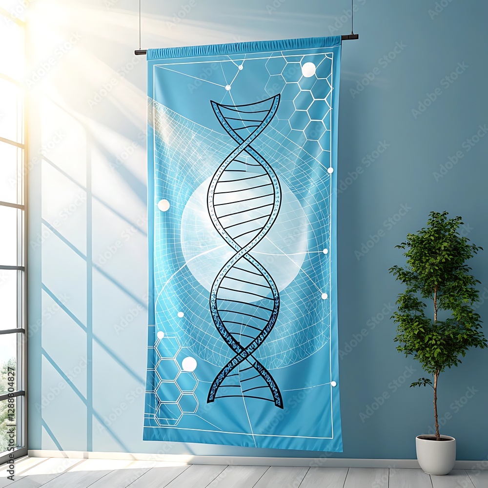 Poster abstract dna helix blue science background with glowing rays and hexagons
