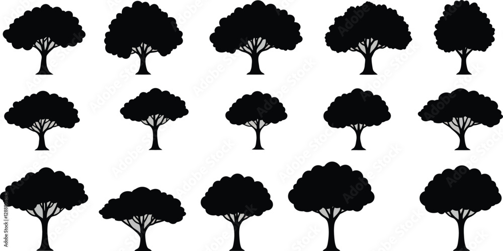 Poster collection of black silhouette trees arranged in a grid pattern on a white background