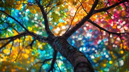 Fototapeta premium Vibrant tree bursts in yellows, oranges, blues; textured bark underlines life. Branches extend, embracing dynamic foliage dance. Each leaf tells its vivid story against nature's canvas