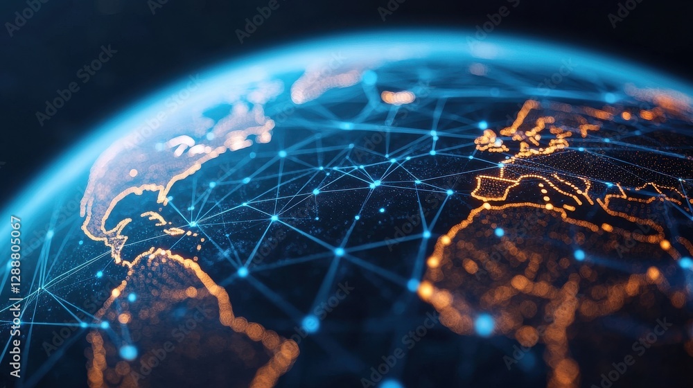 Poster a digital representation of earth with illuminated connections, showcasing global networks and data 
