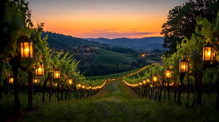 Naklejka premium Magical Twilight Vineyard Landscape with Hanging Lanterns