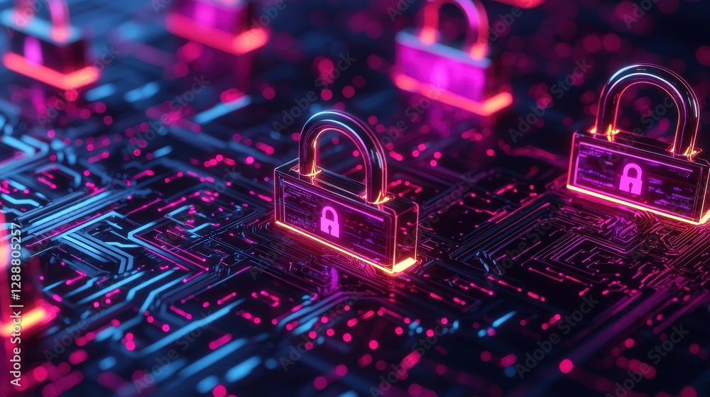 Poster a digital representation of locks on a circuit board, symbolizing cybersecurity and data protection 