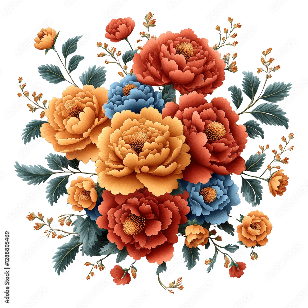 Poster bouquet of assorted flowers arranged on a black background with vibrant colors and natural textures 