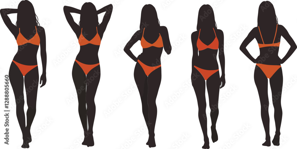 Poster silhouette transformations showcasing different bikini poses and body angles in a sequence