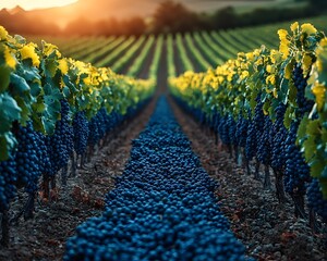 Glowing Panoramic Vineyard on Lush Green Hillside with Elegant Grape Rows