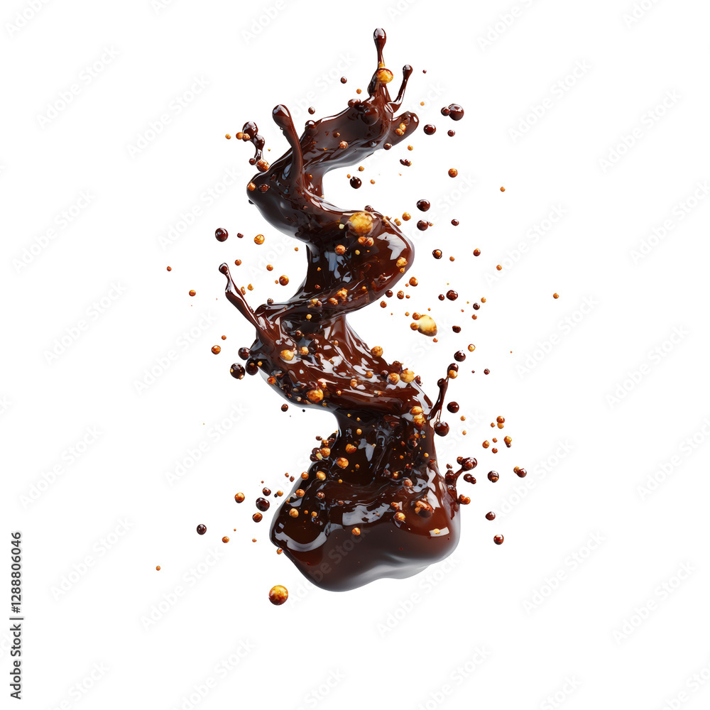 Poster chocolate splashing out of a liquid pool on a black background creating dynamic visual movement isol