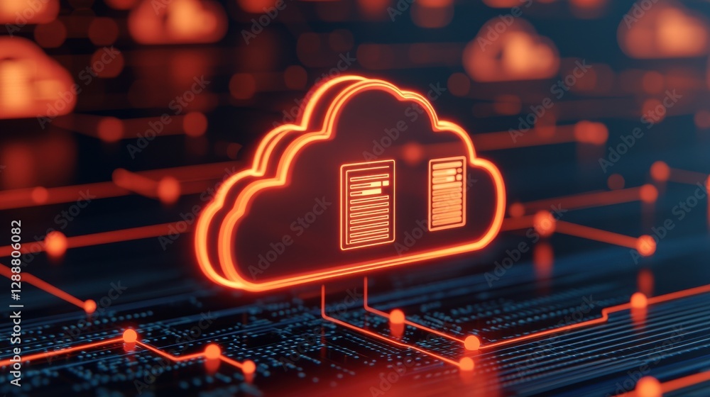 Poster a glowing cloud icon symbolizes cloud computing, surrounded by digital connections, representing dat