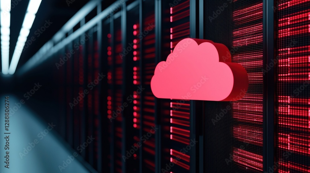Poster a red cloud icon stands out against a backdrop of server racks, illuminated in dim lighting, represe