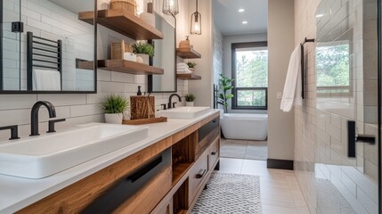 Sleek and modern bathroom with a double white ceramic sink, open shelving, and bold black fixtures for a striking contrast in the space.