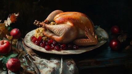 Roast Turkey with Stuffing and Red Berries on Elegant Plate