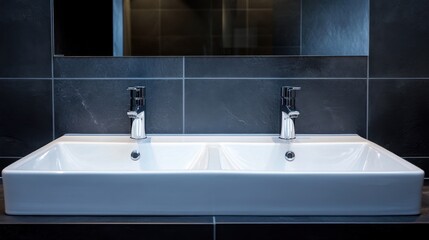 Sleek bathroom design with a double white ceramic sink, dark tiled walls, and stylish storage solutions to keep the space tidy and functional.