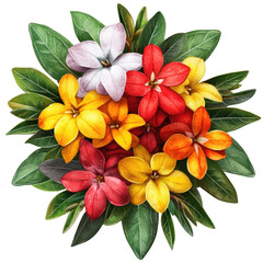 Fototapeta premium Bouquet of assorted flowers with green leaves arranged in a decorative vase on a wooden table isolated on transparent background..