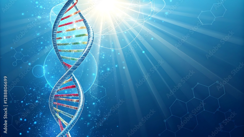 Aufkleber abstract dna helix blue science background with glowing rays and hexagons