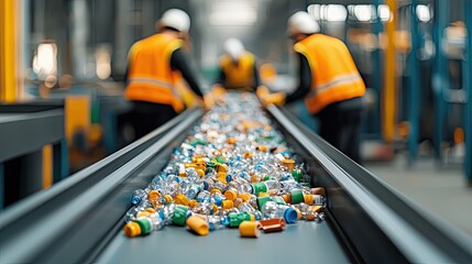 Obraz premium Engineers supervising plastic waste on conveyor belt in recycling plant