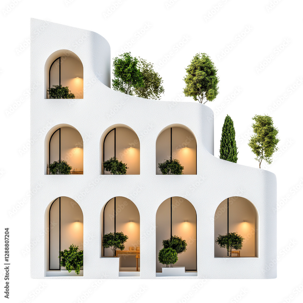 Poster architectural model of a building with greenery and plants growing on the exterior and base of the s