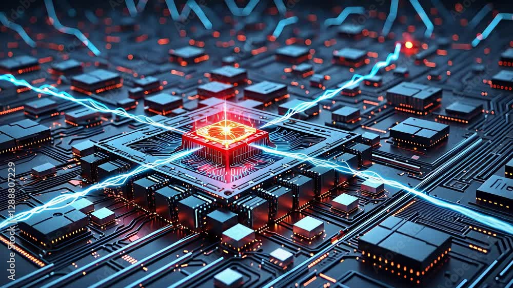 Poster futuristic digital circuit board with complex components and bright energy flowing through connectio