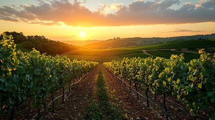 Naklejka premium Vibrant Countryside Vineyard with Endless Rows of Grapes Under Radiant Midday Sun
