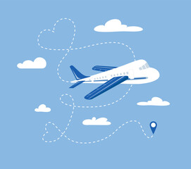 Airplane in the air with a heart shaped destination line. Love of travel.
