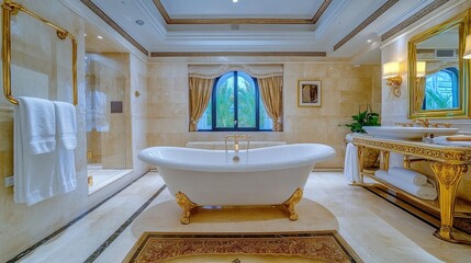 Spacious luxury bathroom featuring a white freestanding tub, golden fixtures, and plush towels creating a lavish atmosphere.
