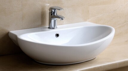 Fototapeta premium Spotless white basin with a tall faucet and a lever handle, set in a clean, neutral-toned bathroom space.