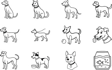 Twelve Dog Breed Illustrations Simple Line Drawings, Pets, Canines