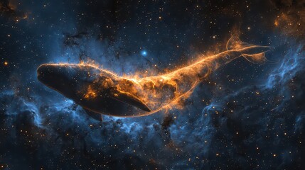 Fototapeta premium A radiant galactic whale composed of nebula gas swims between the stars, leaving a glowing trail