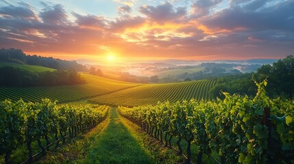 Fototapeta premium Misty Morning Vineyard Glowing in the Countryside Landscape with Serene Rolling Hills and Rows of Grapes