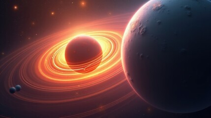 A binary world system where two planets are locked in a slow gravitational spiral, their atmospheres merging into a massive glowing vortex of color.