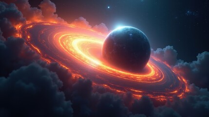 A binary world system where two planets are locked in a slow gravitational spiral, their atmospheres merging into a massive glowing vortex of color.