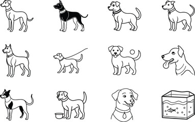 Cute Dog Breeds Collection Line Art, Pets, Canine, Icons, Animals