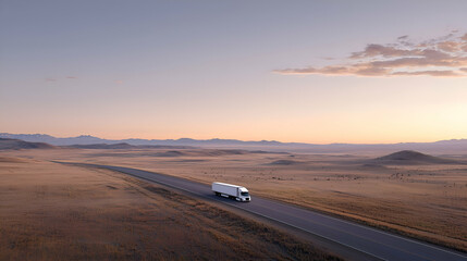 White Truck on a Desert Road at Sunset