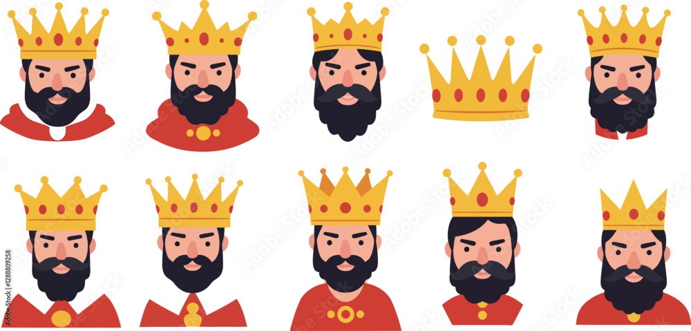 Poster cartoon character transformations showing different crowns and expressions in a playful style
