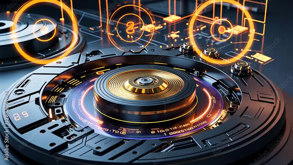 Aufkleber high-tech digital control system with rotating disk and advanced interface graphics in a futuristic 
