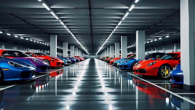 Luxury sports car showroom with an array of high-end exotic cars displayed in a sleek modern space
