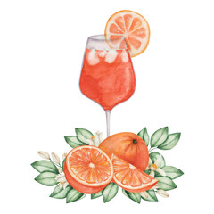 Watercolor illustration. Hand painted orange cocktail in glass with slice of orange citrus fruit, cubical ice, green leaves, flowers. Aperol spritz in goblet. Alcohol drink. Juice. Isolated clip art