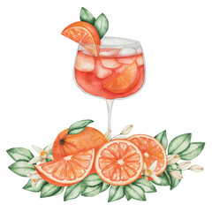Watercolor illustration. Hand painted orange cocktail in glass with slice of orange citrus fruit, cubical ice, green leaves, flowers. Aperol spritz in goblet. Alcohol drink. Juice. Isolated clip art