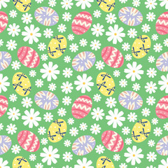 Easter eggs seamless pattern. Bunny, bows, ears, dots, flowers. Hand drawn. 