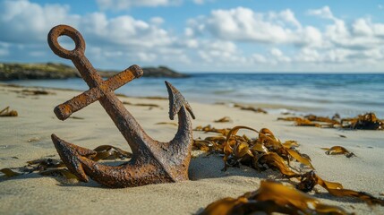 Rusty anchor rests on sandy beach, seaweed nearby.