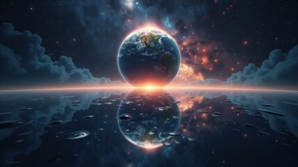 A planet with an entirely reflective surface, mirroring the galaxies around it, creating an infinite visual illusion of cosmic recursion, creating a mesmerizing cosmic scene.